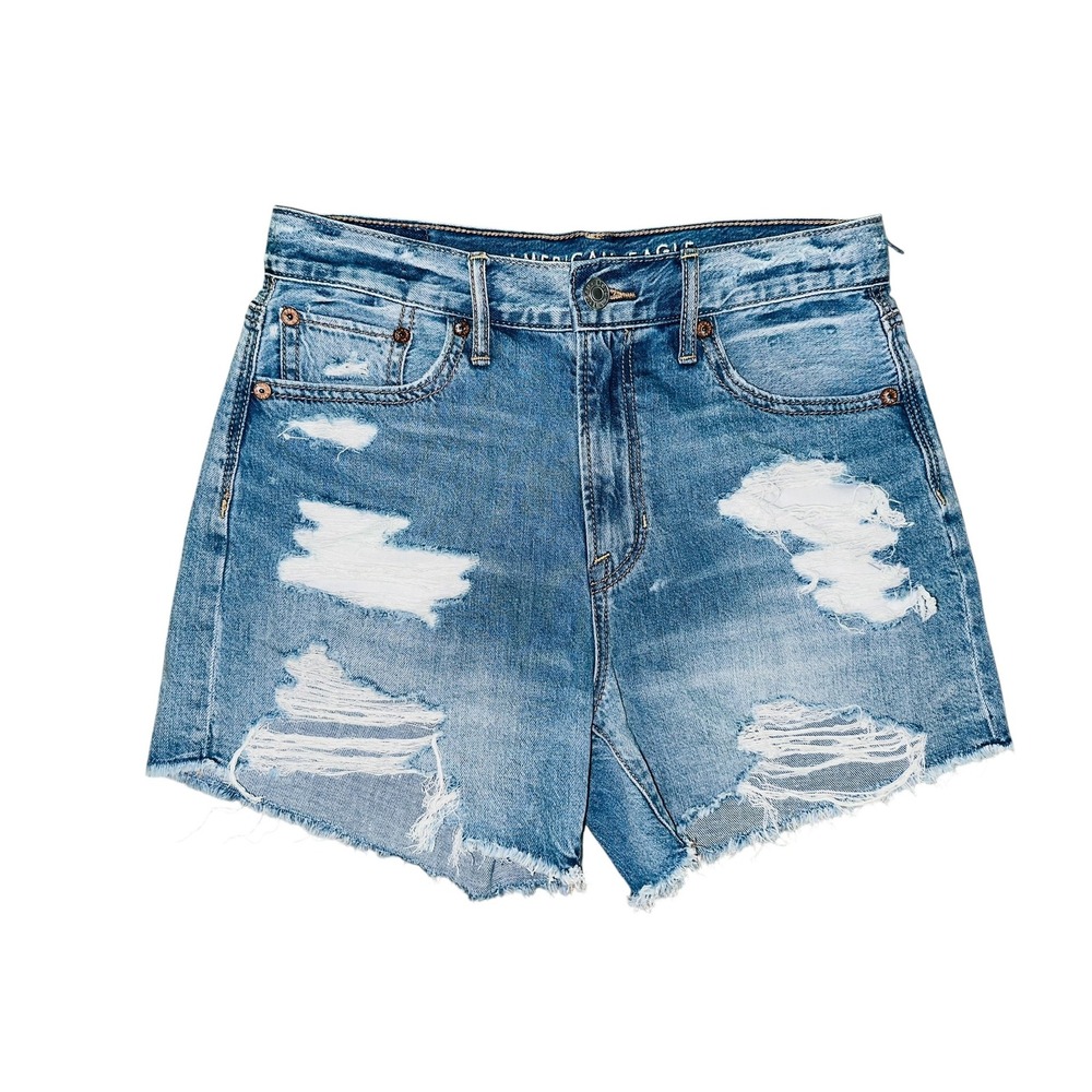 American Eagle Denim Shorts High Waisted Ripped‎ Distressed Blue 0 90s Boyfriend